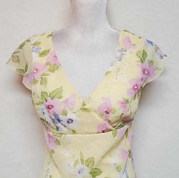 Vintage City Triangles Yellow Pink Floral Ruffle Flutter Sleeve Chiffon Dress M - Picture 5 of 14